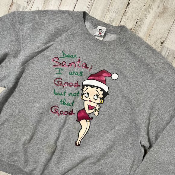 Vintage Y2k Betty Boop Santa Christmas Gray Crewneck‎ Sweater Sweatshirt XL - Picture 1 of 6